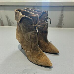 Aquazzura Olive Green Suede Pointed-Toe Ankle Boots AS-IS Size 38.5